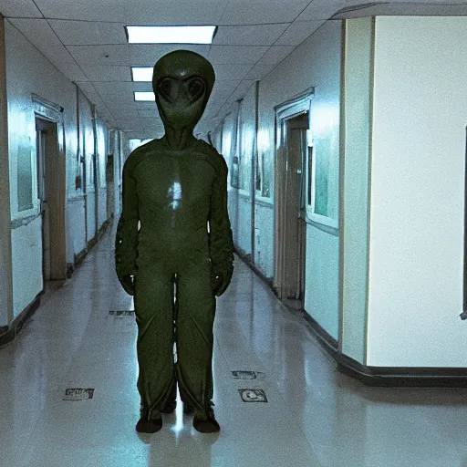 Prompt: alien standing in line at a soviet hospital, top secret style, realistic photo, cinestill 8 0 0 t, 1 9 7 0 s, color