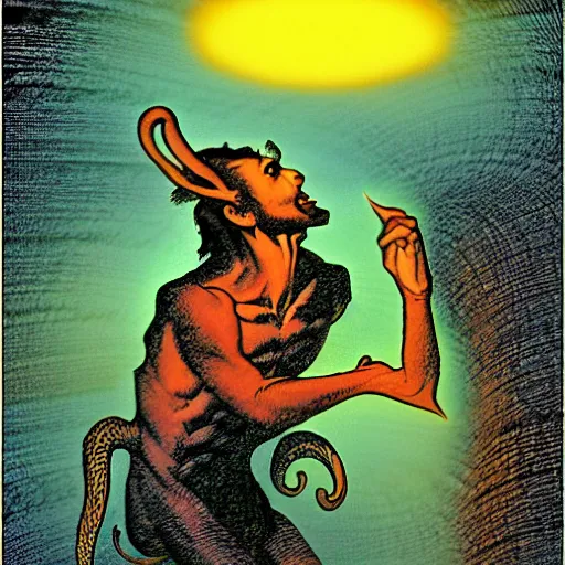 Prompt: A satyr scribe, by Terry Oakes, Art Spiegelman, Strobe light, Dynamic Perspective, Half rear lighting, High dynamic range, Noon