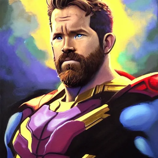 Prompt: greg manchess portrait painting of ryan reynolds as thanos!!! evil, sad! with a ginger cat as overwatch character, medium shot, asymmetrical, profile picture, organic painting, sunny day, matte painting, bold shapes, hard edges, street art, trending on artstation, by huang guangjian and gil elvgren and sachin teng