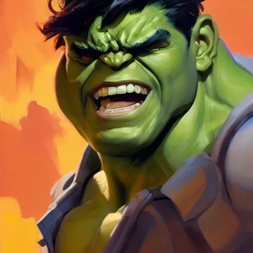 Image similar to Greg Manchess portrait painting of the Hulk as Overwatch character, medium shot, asymmetrical, profile picture, Organic Painting, sunny day, Matte Painting, bold shapes, hard edges, street art, trending on artstation, by Huang Guangjian and Gil Elvgren and Sachin Teng