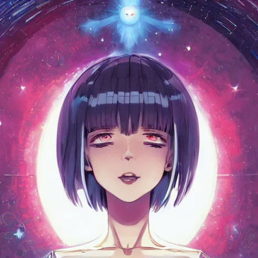 Prompt: A cosmic entity with big and cute eyes, smiling || VERY ANIME, fine-face, realistic shaded perfect face, fine details. Anime. realistic shaded lighting poster by Ilya Kuvshinov katsuhiro otomo ghost-in-the-shell, magali villeneuve, artgerm, Jeremy Lipkin and Michael Garmash, Rob Rey and Kentarõ Miura style, trending on art station