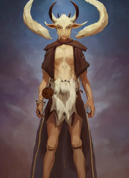 Image similar to concept art painting of a hybrid goat person with brown skin and short white hair, demon horns, elf ears, blue tunic and robes, detailed, d & d style, cel shaded, in the style of ruan jia and artgerm and makoto shinkai and james gurney