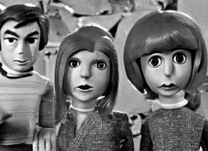 Image similar to a scene from a 1 9 7 0 s british kids tv programme by the bbc and gerry anderson, supermarionation, vhs distortion, folk horror, hauntology