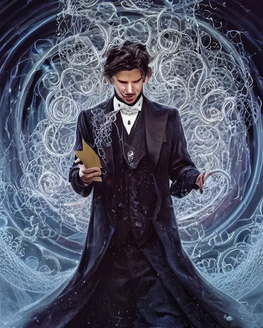 Image similar to a highly detailed portrait of devious male magician radiating a powerful energy aura, ornate back tuxedo, wispy tendrils of smoke, swirling vortex of energy, performance art, intricate, digital painting, old english, raining, sepia, particles floating, whimsical background by marc simonetti, digital art by artgerm and greg rutkowski and alphonse mucha