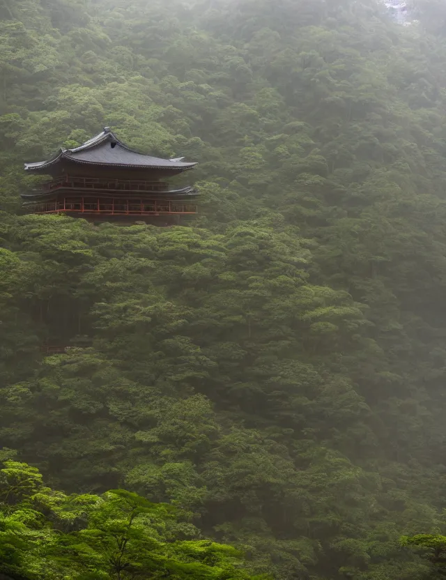 Image similar to a cinematic photo of an ancient japanese hot springs temple on the top of a mountain in a misty bamboo cloud forest