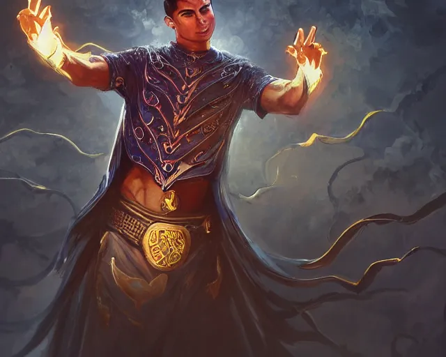 Prompt: cristiano ronaldo as a strong fantasy magician who does magic, fantasy art, in the style of Turine Tran, illustration, epic, fantasy, intricate, elgant, amazing detail, digital painting, artstation, concept art, smooth, sharp focus