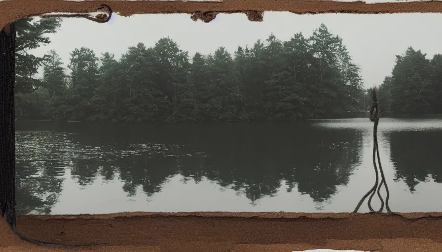 Image similar to photograph of an infinitely long rope floating on the surface of the water, the rope is snaking from the foreground towards the center of the lake, a dark lake on a cloudy day, trees in the background, moody scene, anamorphic lens, kodak color film stock