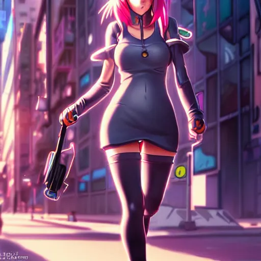 Image similar to anime girl walking into the streets of a cyberpunk city , by artgerm, by krenz cushart, by peter kemp, by ross tran