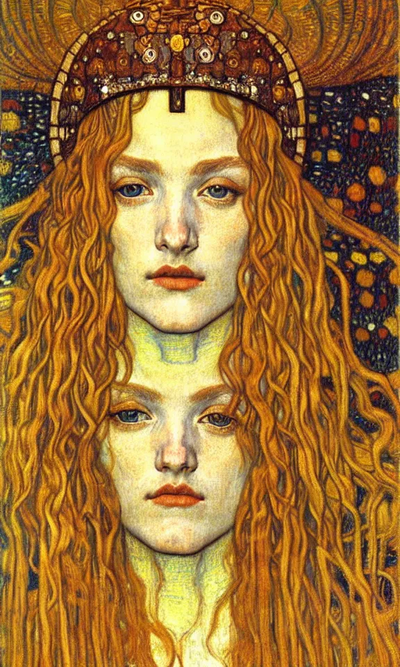 Image similar to detailed realistic beautiful young medieval queen face portrait by jean delville, gustav klimt and vincent van gogh, art nouveau, symbolist, visionary, gothic, pre - raphaelite, muted earthy colors, desaturated