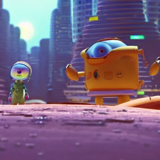 Image similar to a cinematic film still from a 2001 Pixar movie about a futuristic city on the moon where anthropomorphic star beings live, aesthetic, in the style of Pixar, shallow depth of focus