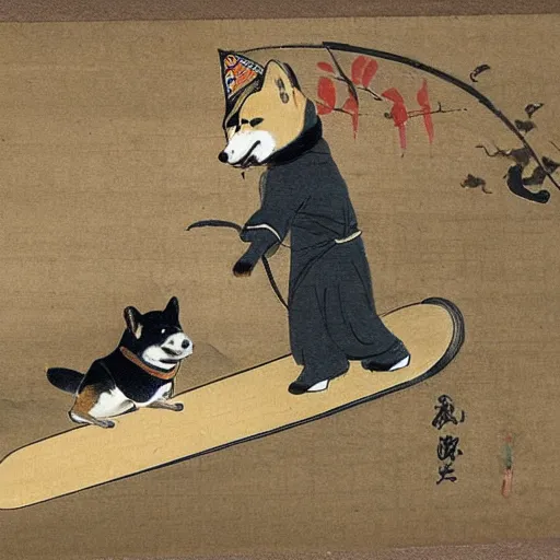 Image similar to shiba inu ninja on a skateboard on a birthday card, highly detailed, 1 8 th century japanese painting,