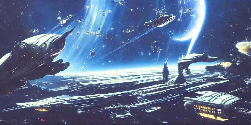 Prompt: a beautiful space scene with a spaceship, ralph mcquarrie, syd mead, john berkey, art bean trending on artstation, highly detailed oil painting, hyperrealistic, cinematic, dramatic lighting