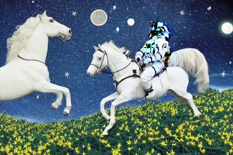 Image similar to an astronaut rode a white horse in a forest of osmanthus, surreal style, dreamy style