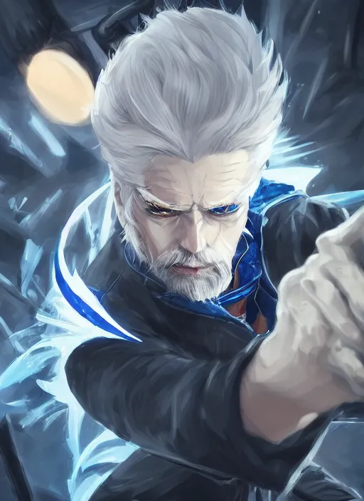 Image similar to a highly detailed illustration of fierce short slick back white haired man wearing dark blue coat, bright blue eyes, dramatic wielding katana pose, intricate, elegant, highly detailed, centered, digital painting, artstation, concept art, smooth, sharp focus, league of legends concept art, wlop