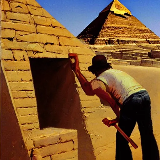 Prompt: painting of a man cutting wood in front of egypt pyramids, painted by drew struzan