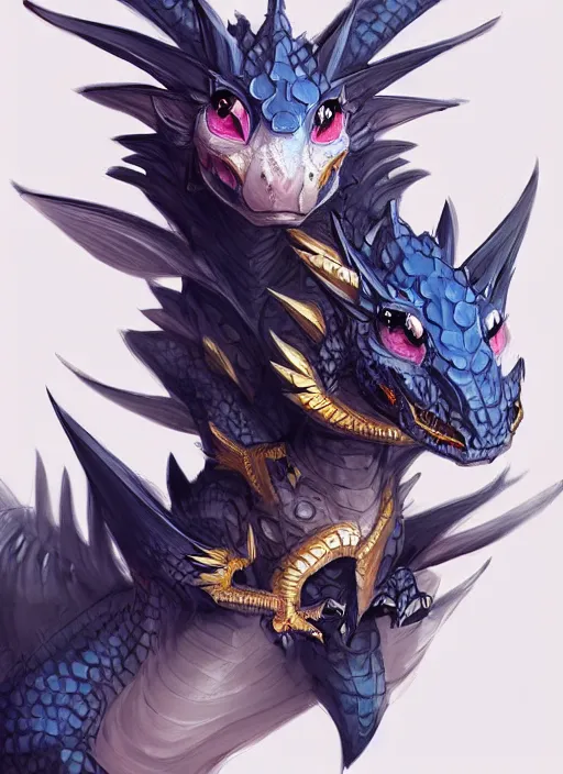 Image similar to cute small dragon, black, white, blue, pink and gold color scheme, flowers, cool, highly detailed, artgerm, cushart krenz, artstation, soft light, sharp focus, illustration, character design, concept art