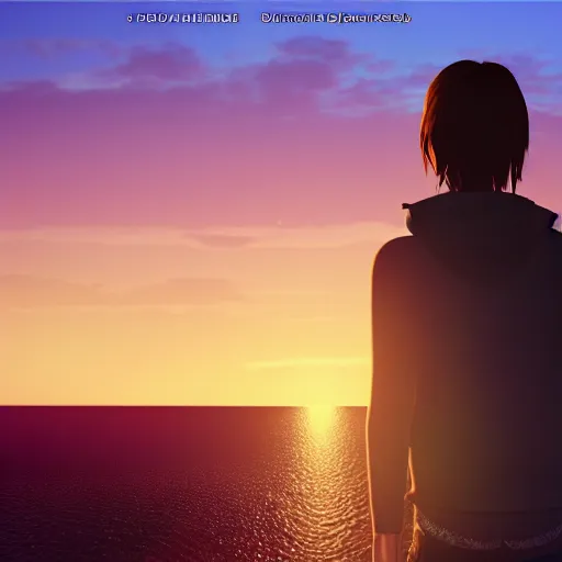 Prompt: max caulfield watching sunset on the sea, standing on a hill, realistic