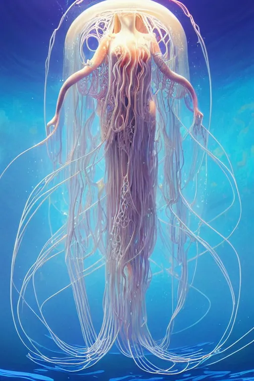 Image similar to beautiful spaghetti jellyfish goddess underwater, ethereal art deco, fantasy, intricate art deco ocean designs, elegant, highly detailed female, sharp focus, art by artgerm and beeple and greg rutkowski and wlop