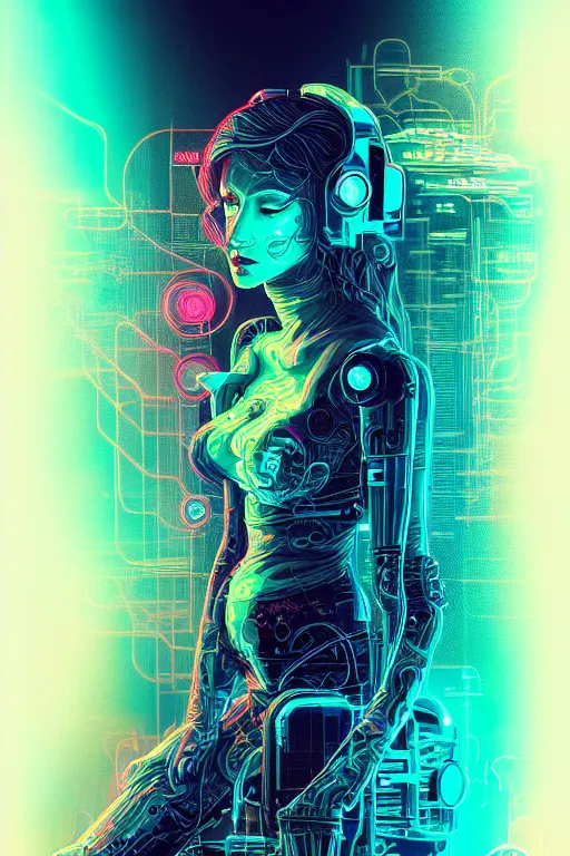 Image similar to dreamy cyberpunk girl, abstract smoke neon, digital nodes, computer network, beautiful woman, detailed acrylic, grunge, intricate complexity, by dan mumford and by alberto giacometti, arthur rackham