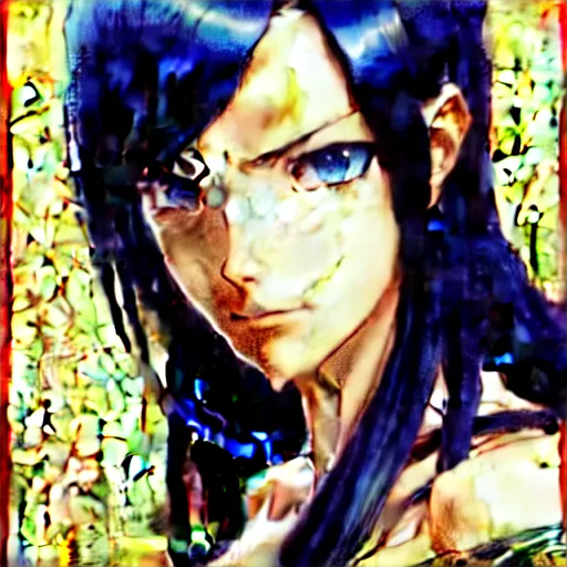 Image similar to highly detailed vfx portrait of nico robin with blue eyes and black hair by eiichiro oda!, makoto shinkai, alphonse mucha, msterpriece, art by artgerm and greg rutkowski!, large aquiline nose!!, gaston bussiere, stanley kubrick, kaoru mori, intricately detailed, behance,