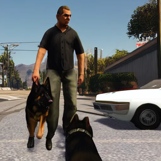 Prompt: Man walking along german shepherd, detailed, GTA V character