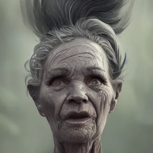 Image similar to fantasy portrait of an energetic old woman with silky, cloudy grey hair, black scars on her face, swamp vegetation in the background, nocturnal palette, art by greg rutowski, raphael lacoste, eddie mendoza, artgerm, trending on artstation