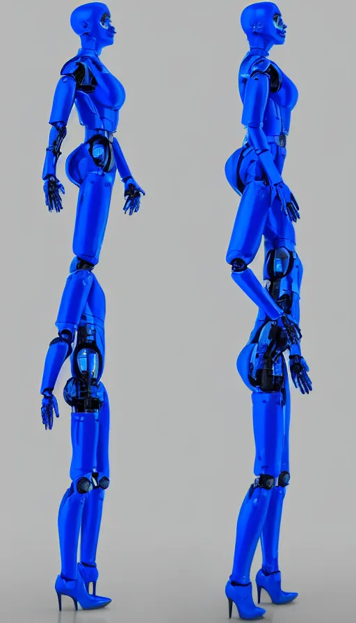 Prompt: a beautiful female robot human hybrid wearing a blue latex jumpsuit, circuitry glowing through the suit like tron, face, torso, legs, feet, full body epic angle, octane render, photo realistic, hyper realistic, 8 k resolution in the style of alvin schwartz