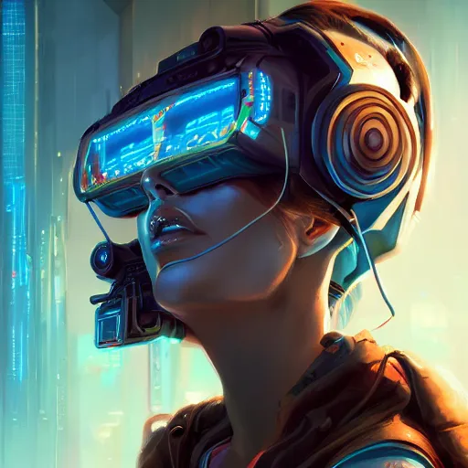 Prompt: a portrait of a beautiful cybernetic girl wearing occulus rift headset, cyberpunk concept art by pete mohrbacher and wlop and josan gonzalez and syd mead, digital art, highly detailed, intricate, sci-fi, sharp focus, Trending on Artstation HQ, deviantart, unreal engine 5, 4K UHD image