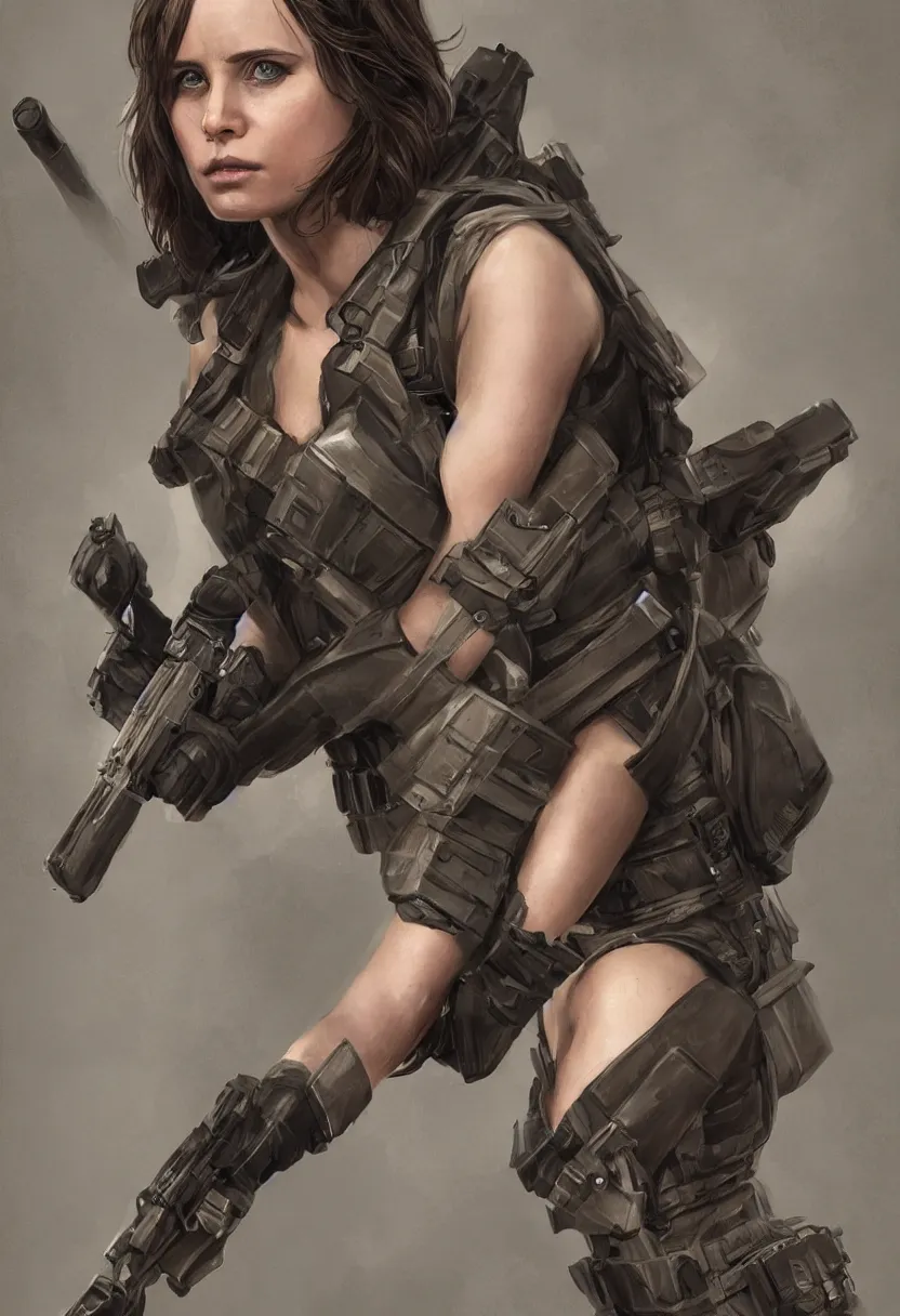 Image similar to jyn erso with military swimsuit armor, by bryan matyas, portrait, full body, perfect anatomy, hyper photorealistic, digital photography, concept art