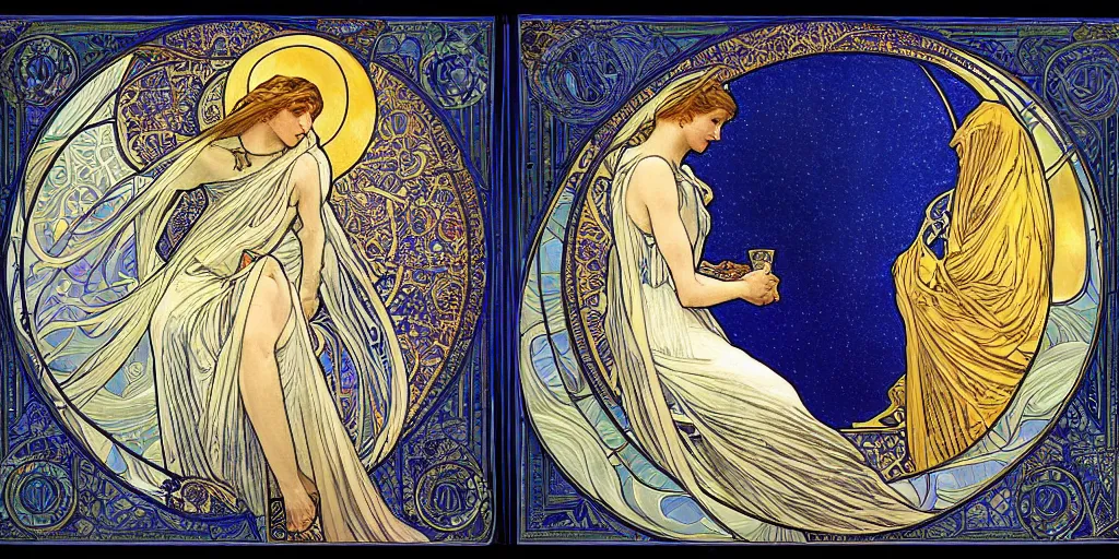 Prompt: the longest night, night with moon and candle, by alphonse mucha and alex grey, ultramarine blue and gold, intricate stained glass