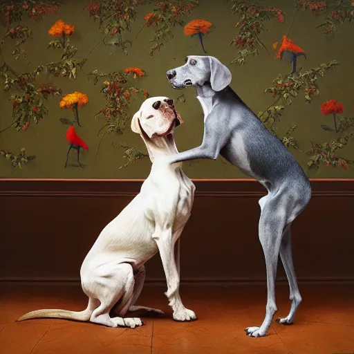 Image similar to a william wegman photograph of two dogs standing on hind legs 4k, hyperrealistic, focused, extreme details, unreal engine 5, cinematic, masterpiece, high resolution, detailed, painting by raqib shaw W- 1080