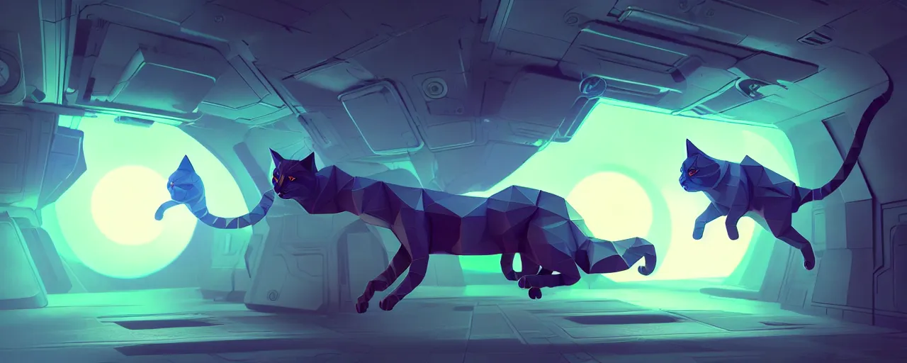 Image similar to duotone noir scifi concept illustration of lowpoly cats floating zero gravity glowing 3 d mesh portals futuristic, glowing eyes, octane render, surreal atmosphere, volumetric lighting. golden ratio by sachin teng and sergey kolesov and ruan jia and heng z. graffiti art, scifi, fantasy, hyper detailed. trending on artstation