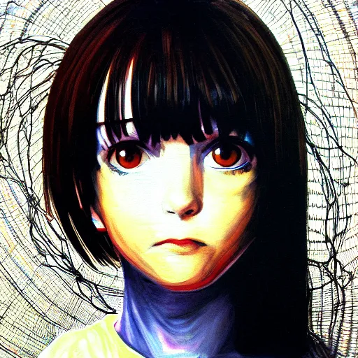 Prompt: pure evil lain with hundreds of wires coming out of her head, portrait, painting