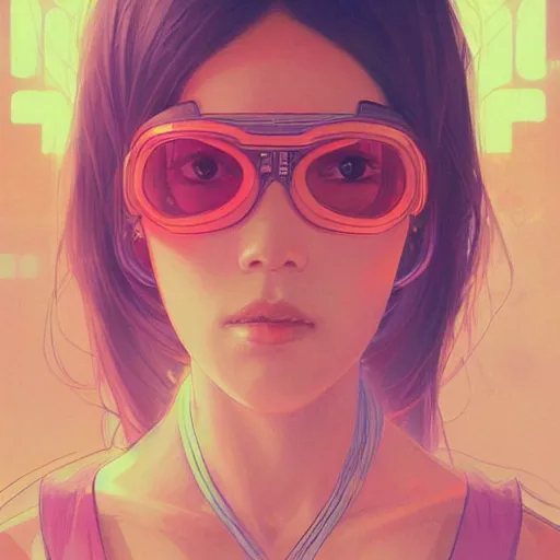 Prompt: Vietnamese woman, pastel pink and orange skin tones, electronic, cyberpunk eye wear, sci-fi, Arstation by Artgerm and greg rutkowski and alphonse mucha