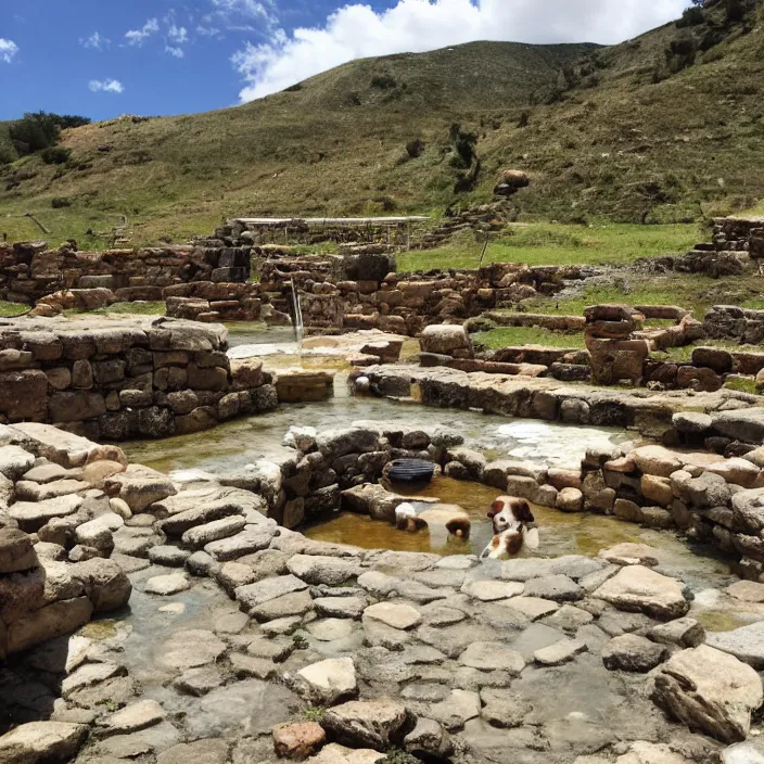 Prompt: ancient roman hot springs with dog relaxing everywhere