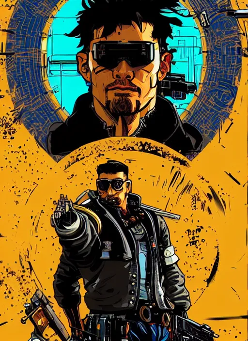 Image similar to hector. cyberpunk mercenary. portrait illustration, pop art, splash painting, art by ashley wood, alphonse mucha, laurie greasley and josan gonzales