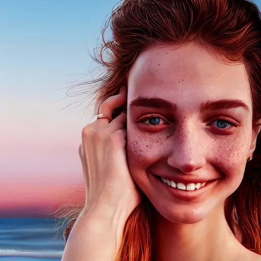 Image similar to portrait of a cute thin young woman, red blush, light freckles, smug smile, modern clothes, relaxing on the beach, golden hour, close up shot, 8 k, art by irakli nadar, hyperrealism, hyperdetailed, ultra realistic