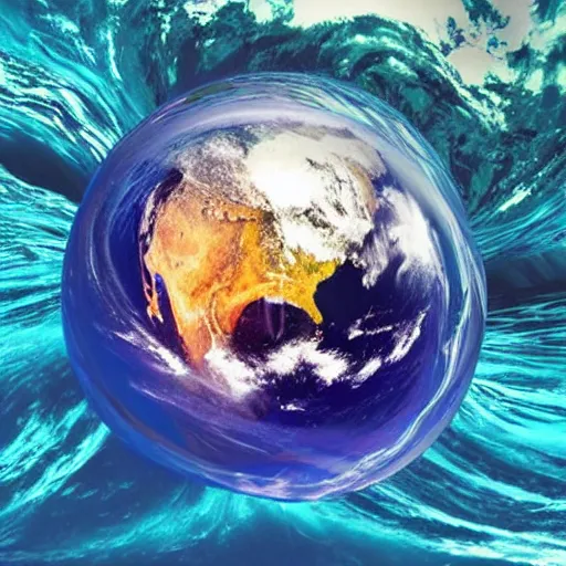 Prompt: planet earth inside a bubble floating on an ocean wave