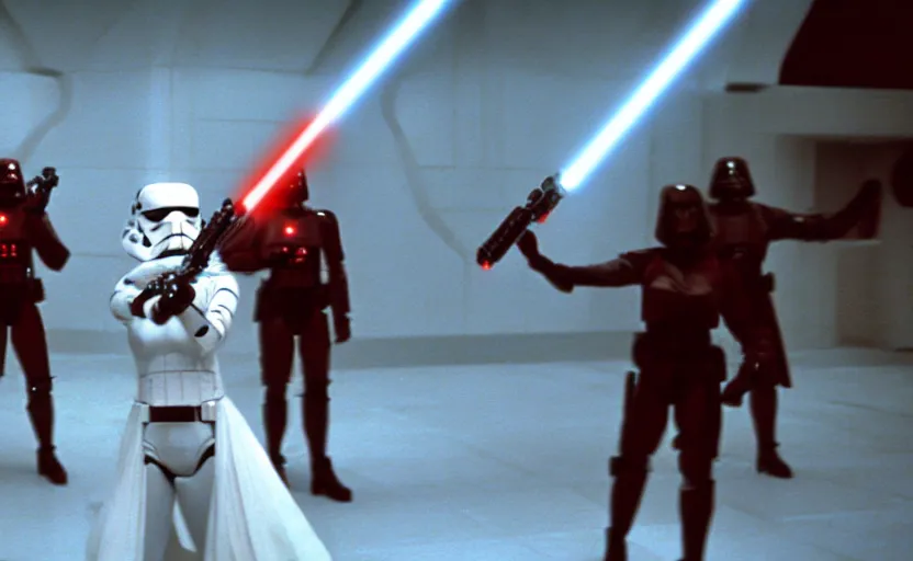 Image similar to a screenshot of a female sith lord in white approaches with a lightsaber, surrounded by dark troopers, red environment, from the 1979 film directed by Stanley Kubrick, shot on anamorphic lenses, cinematography, 70mm film, lens flare, kodak color film stock, ektachrome, immensely detailed scene, 4k