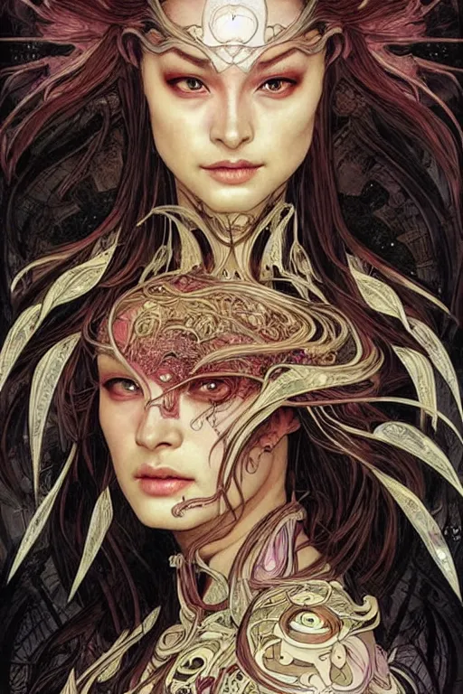 Image similar to beautiful and exotic and other-worldly alien queen portrait, sparkling eyes + front face with thick flowing hair, perfectly symmetrical facial features and muscle anatomy, ultradetailed art and illustration by jia ruan and chris bachalo and arthur suydam and alphonse mucha, fantasy, intricate complexity, scientific human structure, accurate human anatomy, fantasy character concept, watercolor, bleed, hyperrealism 8k