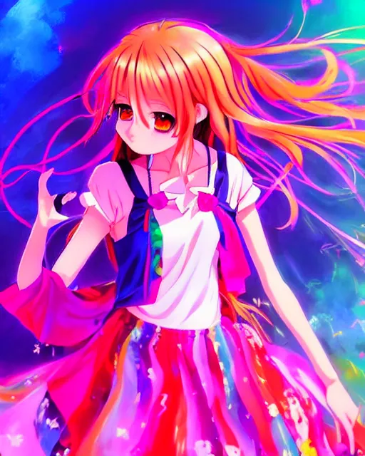 Prompt: anime style, vivid, expressive, full body, 4 k, painting, a cute magical girl idol with a long wavy colorful hair wearing a colorful dress, correct proportions, stunning, realistic light and shadow effects, neon lights, studio ghibly makoto shinkai yuji yamaguchi