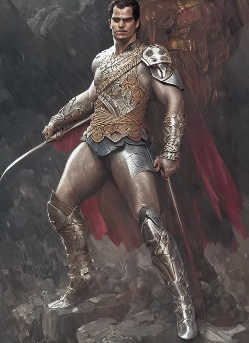 Image similar to Henry Cavill as a warrior, upper body, D&D, muscular, thighs, fantasy, intricate, elegant, highly detailed, digital painting, artstation, concept art, smooth, sharp focus, illustration, art by artgerm and greg rutkowski and alphonse mucha