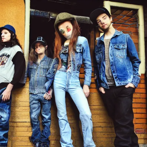 Prompt: Stoner rock girl, nü metal boy, band promo image, girl wearing double denim, boy wearing baggy jeans and baseball cap