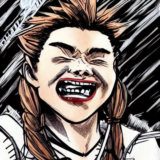 Prompt: portrait of ((((laughing)))) Aloy!!!!! from Horizon: Zero Dawn, comic!!! book illustration, by John Kirby