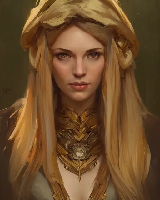 Image similar to '' Portrait of Beautiful blonde Slavic woman in her early 30’s, league of legends, LOL, fantasy, d&d, digital painting, artstation, concept art, sharp focus, illustration, art by greg rutkowski and alphonse mucha ''