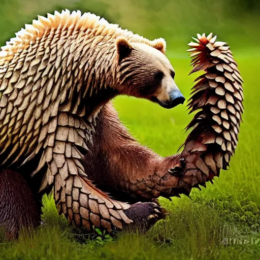 Image similar to a Bear with the armor of a pangolin, national geographic photograph