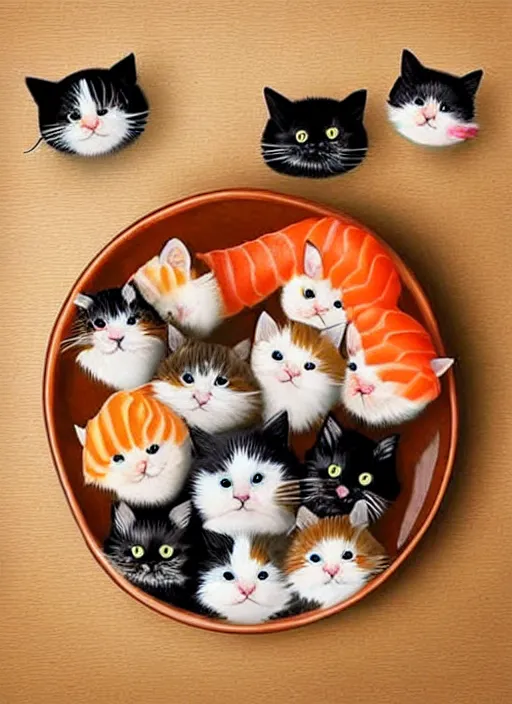 Image similar to clear photorealistic picture of adorable cats made out of sushi