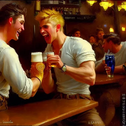 Image similar to attractive maculine male with brunet hair and attractive masculine male with blond hair. pants and shorts, drinking their hearts out, having fun, in a pub. highly detailed and very defined painting by gaston bussiere, j. c. leyendecker, craig mullins 8 k
