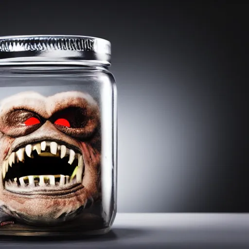 Prompt: Evil monster in a jar, product photography, centered, studio lightning