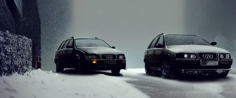 Image similar to Audi A4 B6 Avant (2002), a gritty neo-noir, dramatic lighting, cinematic, eerie person silhouette, death, homicide, homicide in the snow, gunshots, establishing shot, extremely high detail, photorealistic, cinematic lighting, artstation, by simon stalenhag, Max Payne (PC) (2001) winter New York at night, In the style of Max Payne 2 graphic novel, flashing lights, Poets of the Fall - Late Goodbye